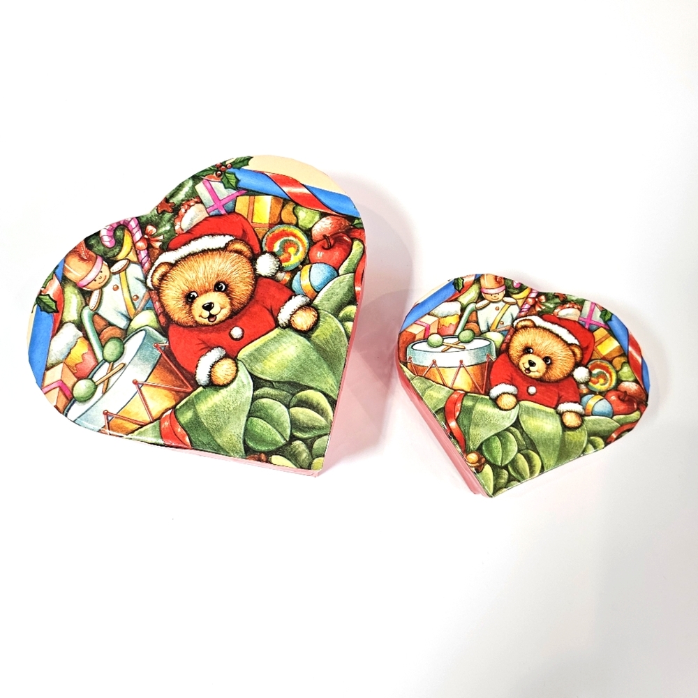 Teddy Bear Christmas Holiday Nesting Heart Boxes set of 2